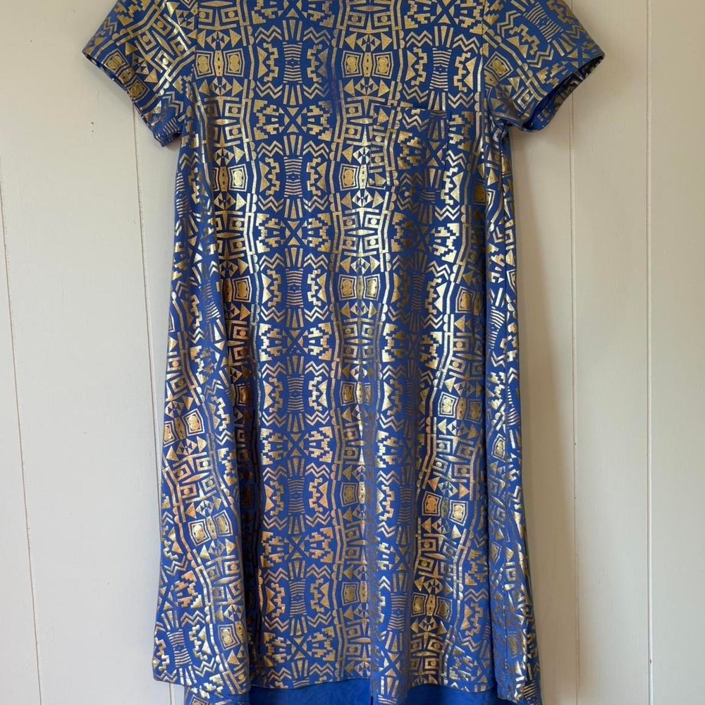 LuLaRoe Carly Dress Medium Blue Gold Metallic Geometric Tribal Foil Short Sleeve